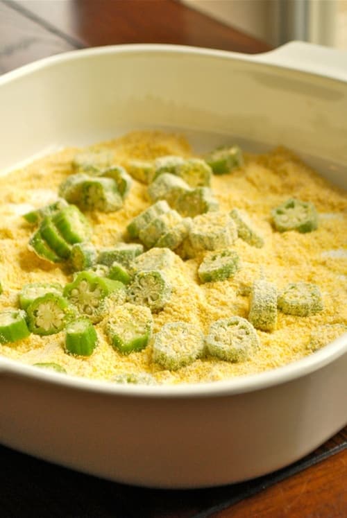 Coating the Okra Cornmeal Fried Okra recipe and images by Lacey Baier, a sweet pea chef