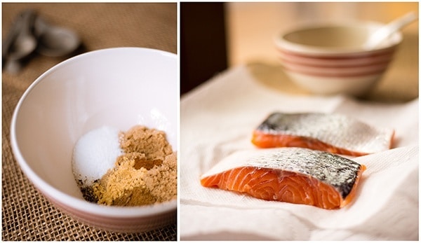 Left photo: bowl of the seasonings used in pan roasted salmon recipe; right photo: raw salmon fillets placed on absorbent paper 