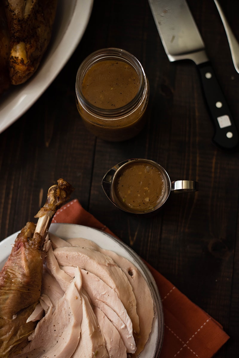 Overhead view of turkey leg and turkey slices on a white plate. Beside it is a jar of Homemade Turkey Gravy and a small serving carafe of gravy.