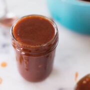 Mason jar with homemade sweet bbq sauce.