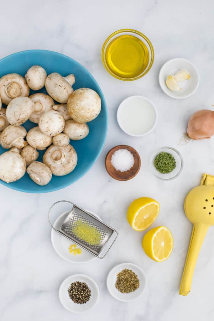 Overhead view of ingredients to make marinated mushrooms, including lemon, oregano, kosher salt, and garlic cloves.