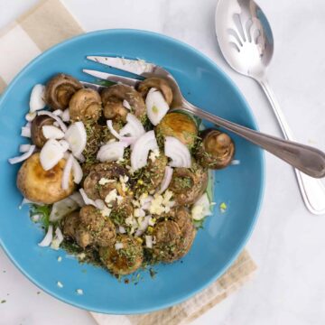 top down view of marinated mushrooms