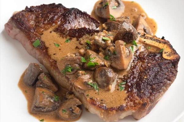 Creamy Balsamic Mushroom Sauce Over Grilled Steak