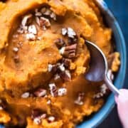 Up close bowl of mashed sweet potatoes recipe which is topped with crushed pecans and ground cinnamon.