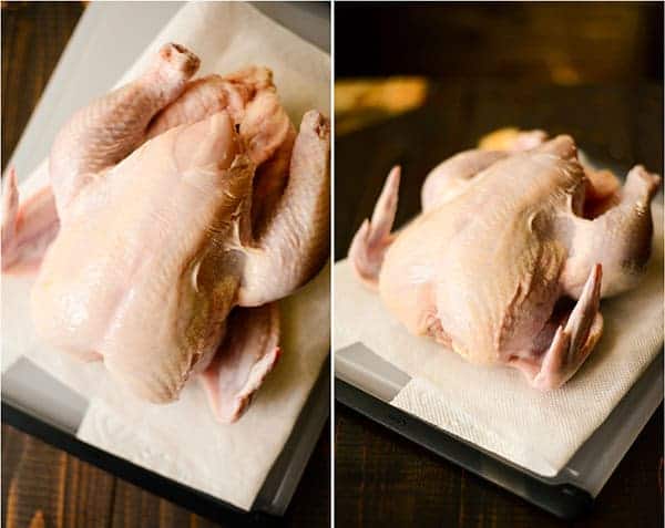 Two images side by side of a chicken prepped and ready on a cutting board to be used in the recipe Healthy Oven Roasted Chicken.