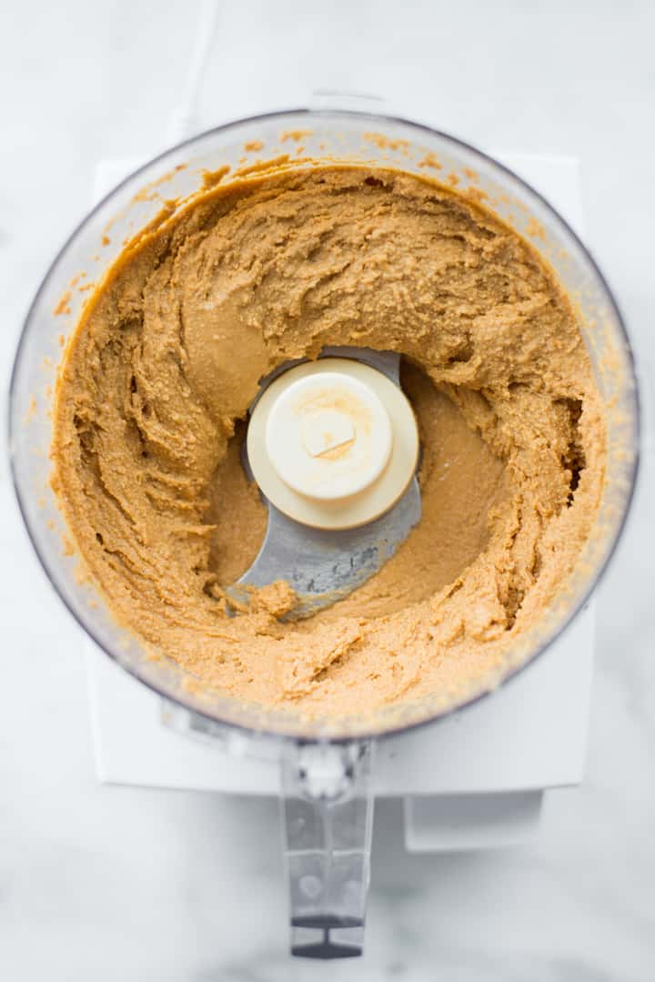 Overhead image of Honey Roasted Peanut Butter as it is blended in the food processor.