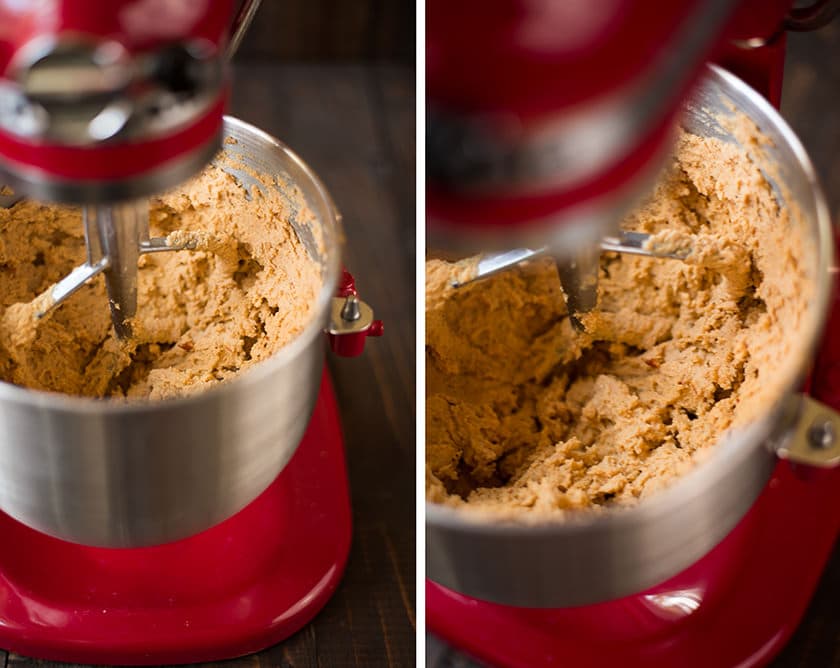 Side by side images of pork tamale mix being mixed together in the bowl of a red stand mixer.