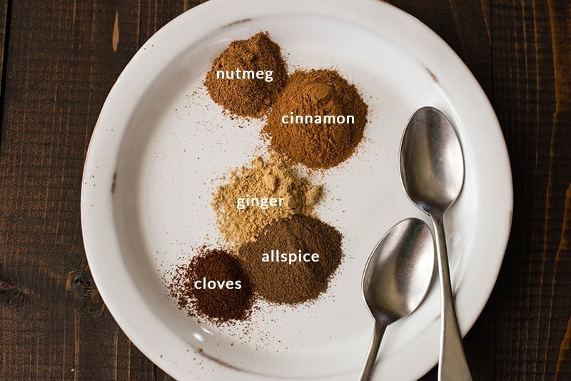 Overhead view of spices for Healthy Pumpkin Pancakes, placed on a white plate and labeled