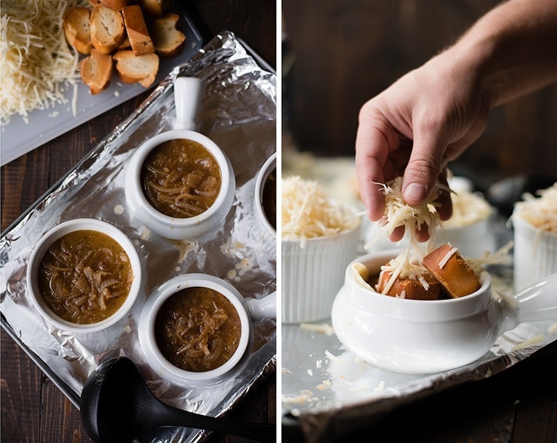 Side by side images of the assembly of French Onion Soup, with the soup in the bowl and the baguette and cheese being added.