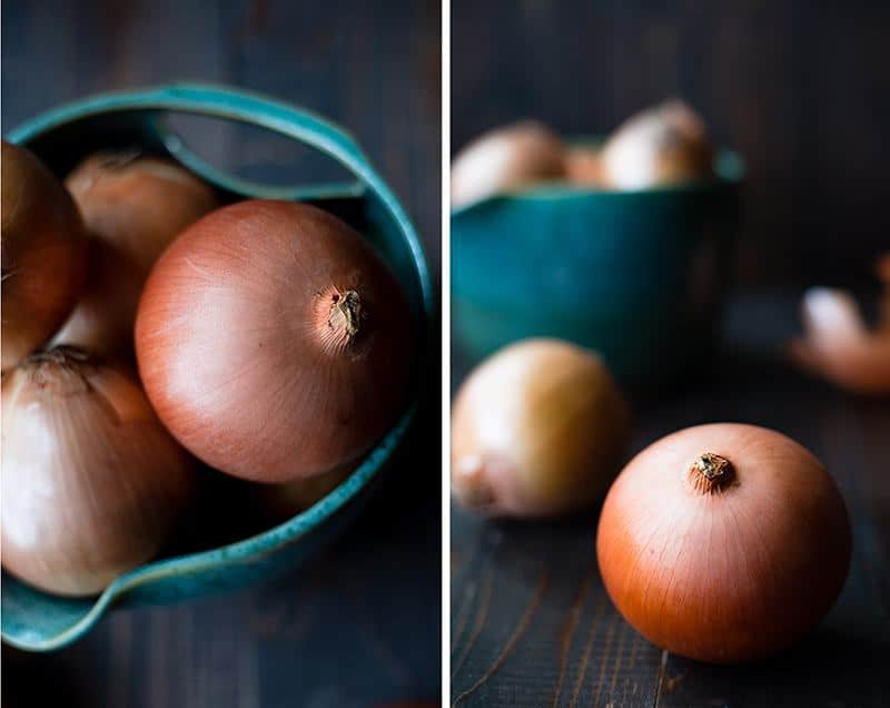 Side by side images of unpeeled and uncut onions in a blue ceramic bowl.