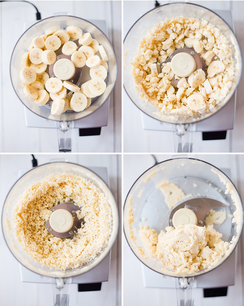 Before and after photos of how to make banana ice cream in a blender using frozen banana slices. Shows the process of how to turn frozen bananas into banana ice cream using a food processor.