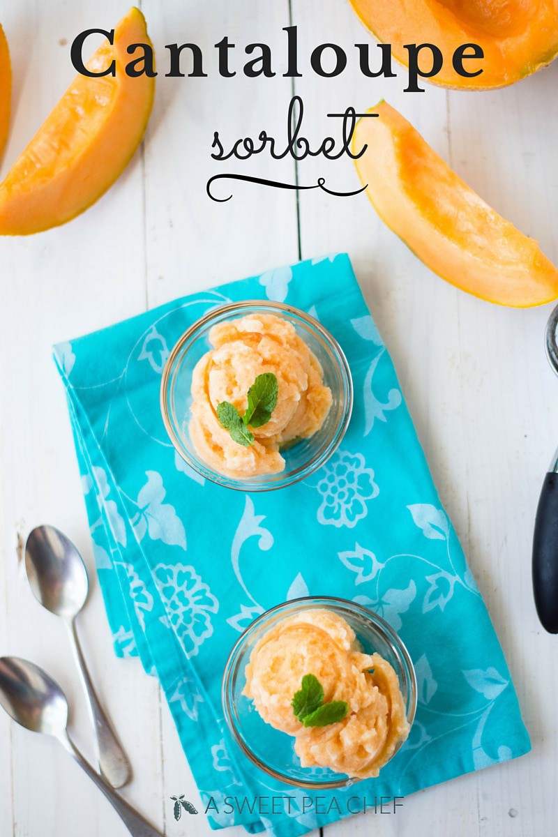 Cantaloupe Sorbet | Learn how to make cantaloupe sorbet without an ice cream maker for a dessert that will soothe your craving for a summer treat. Just 4 ingredients needed + no refined sugar! | A Sweet Pea Chef