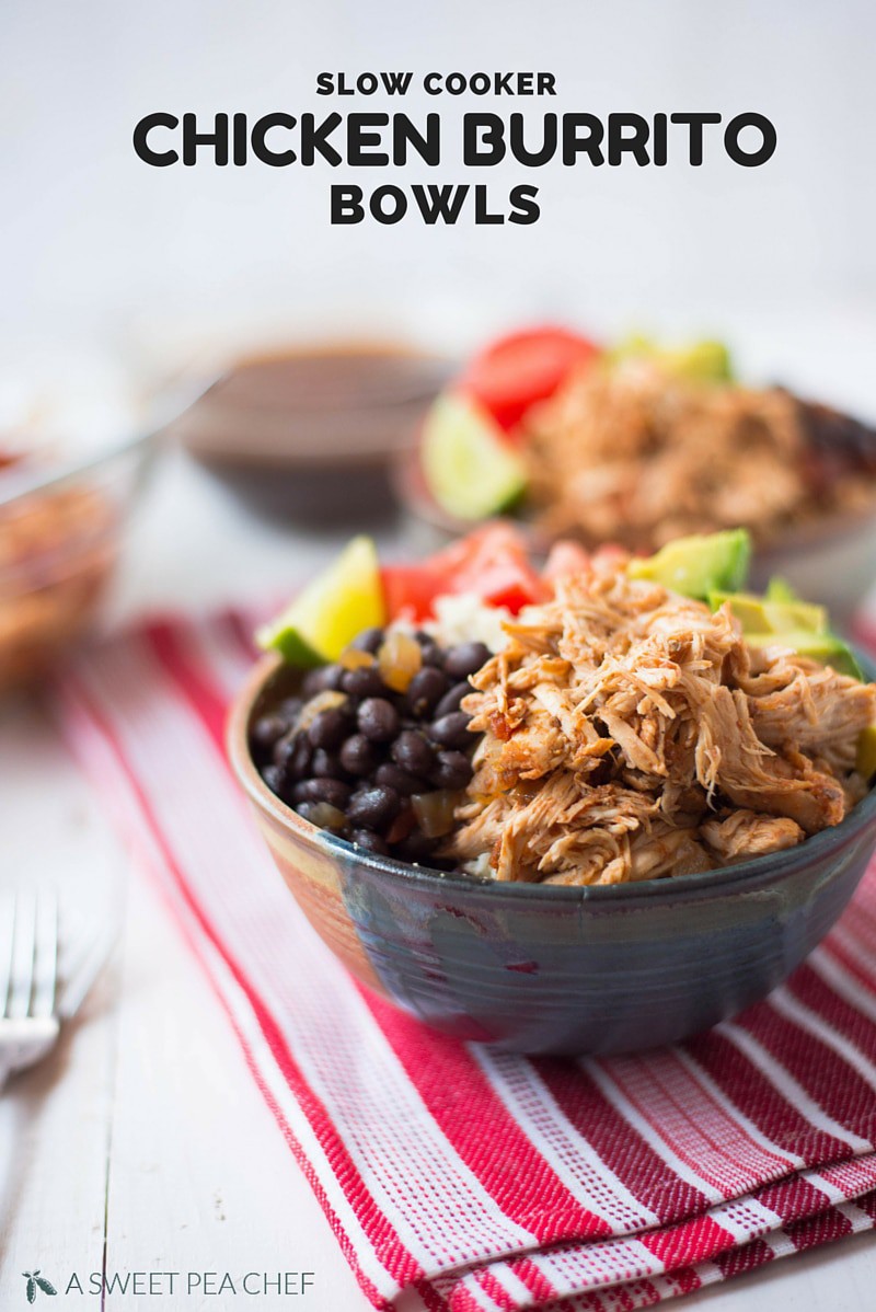 Slow Cooker Chicken Burrito Bowls | These slow cooker chicken burrito bowls made with cauliflower rice will keep you full for hours and are the perfect burrito bowl. | A Sweet Pea Chef
