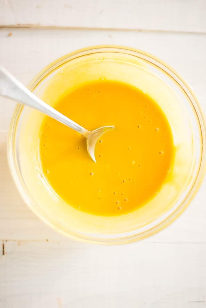 Close up of honey mustard dipping sauce to go with oven baked almond chicken strips 