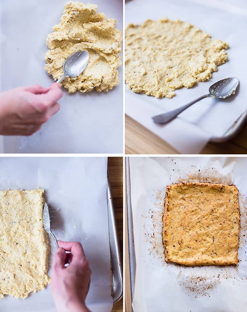 Step by step images of the process for how to make cauliflower pizza crust, including how to spread out the crust, flattening it on a baking sheet lined with parchment paper, creating the edges to turn it into a crust, and then once it's been baked and is ready for toppings.