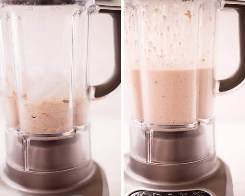 Before photo: the ingredients for the oatmeal raisin cookie protein shake recipe placed in a blender; after photo: oatmeal raisin cookie protein shake mixture after being pulsed in a blender 