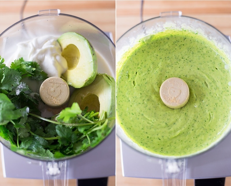 Before and after shot of avocado cilantro and lime dressing, pulsed in a food processor for steak Cobb salad 
