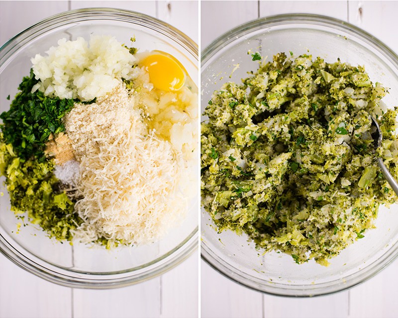 Overhead view of the ingredients for Healthy Baked Broccoli Tots, including egg, broccoli, potato, and parmesan cheese.