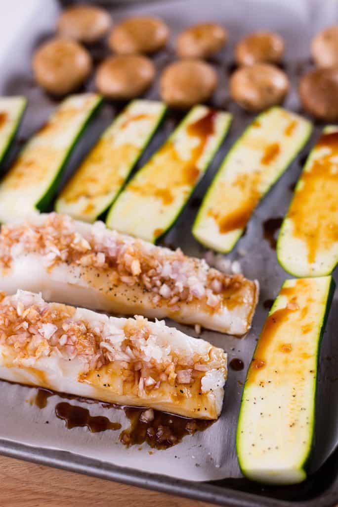 Baked Sea Bass & Zucchini Sheet Pan Meal | Easy, fast, healthy, and delicious! | asweetpeachef.com
