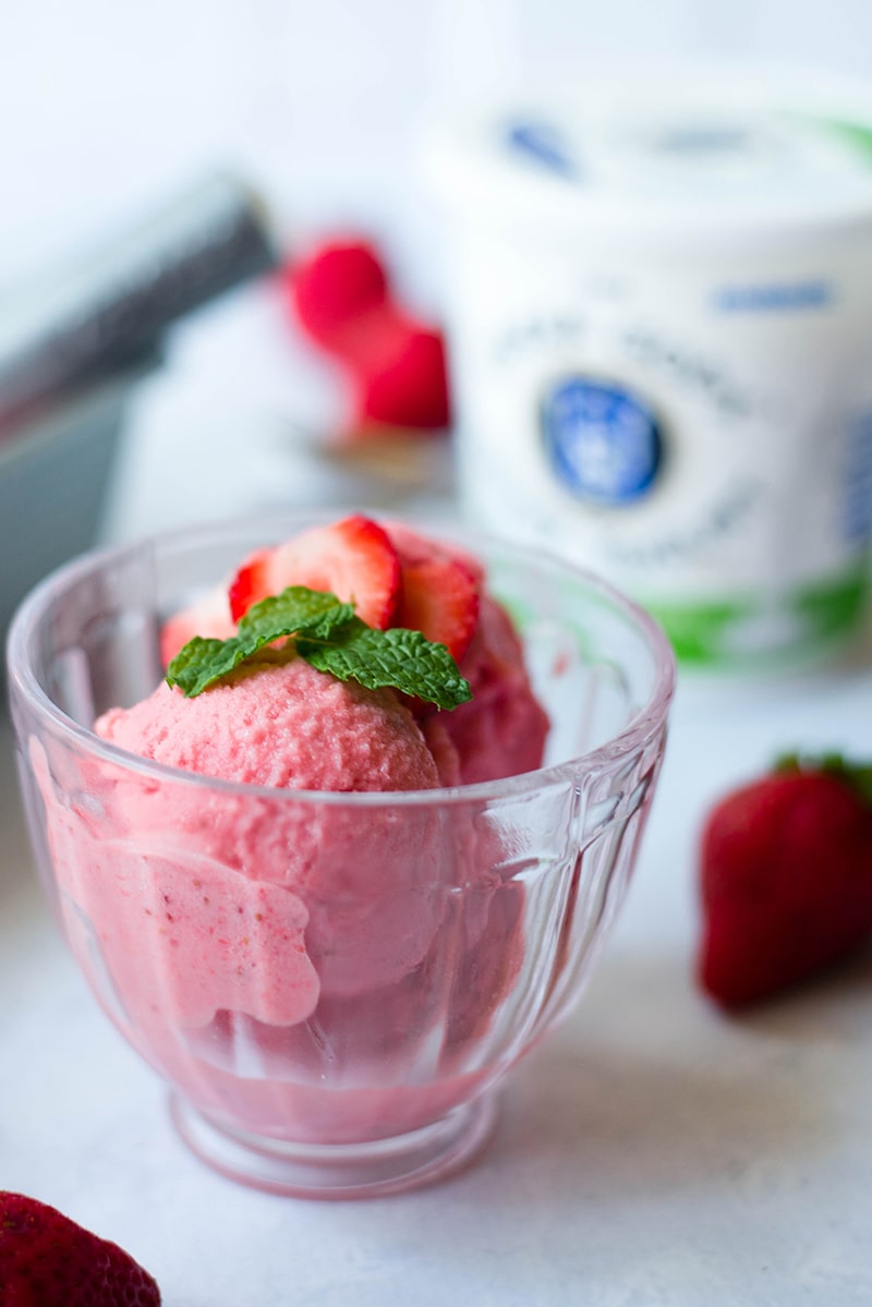 Side view image of strawberry frozen yogurt made with full-fat Greek yogurt, in a bow and garnished with fresh strawberries.