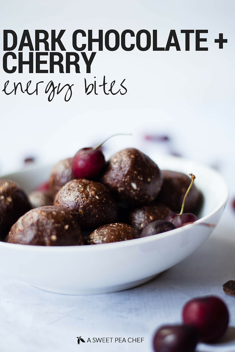 Dark Chocolate Cherry Energy Bites | Treat yourself with these guilt-free dark chocolate and cherry energy bites made with delicious, dark chocolate and cherries | A Sweet Pea Chef