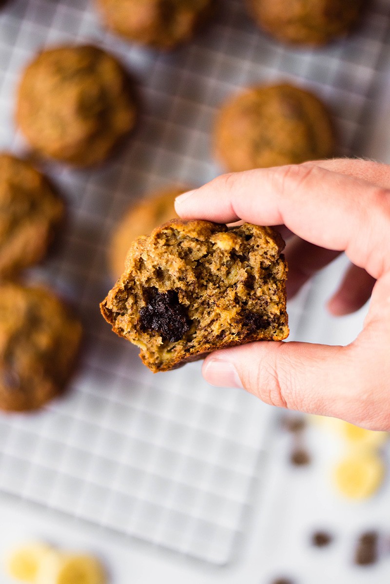 Hand holding a baked healthy banana chocolate chip muffin that has been broken in half, showing the tender inside of the muffin as well as a large chocolate chip.