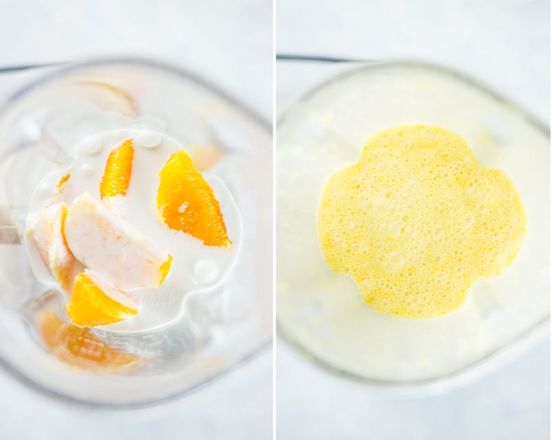 All the ingredients used in the orange creamsicle recipe, placed in a blender and then processed to a creamy mixture 