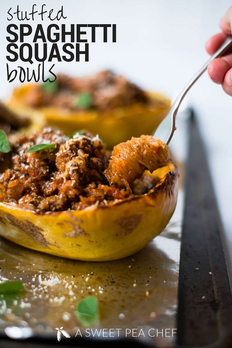 Stuffed Spaghetti Squash Bowls | All the flavors of your favorite pasta dish are packed into these stuffed spaghetti squash bowls – a delicious, hearty, gluten-free, and paleo-friendly meal! | A Sweet Pea Chef