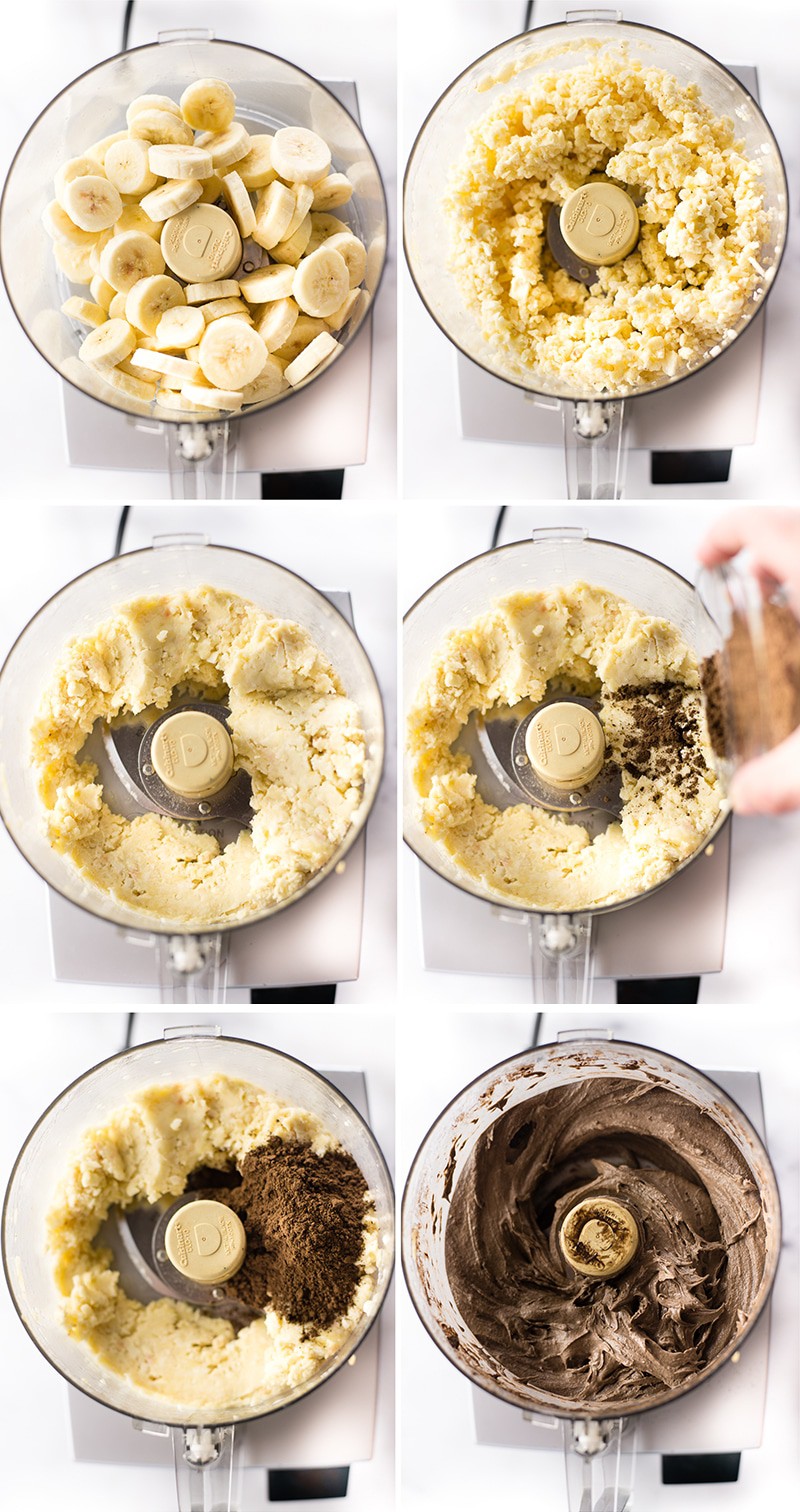 : A series of six images showing the steps to make frozen banana chocolate ice cream: from the adding of frozen banana slices to the pulsing of all the ingredients in a food processor