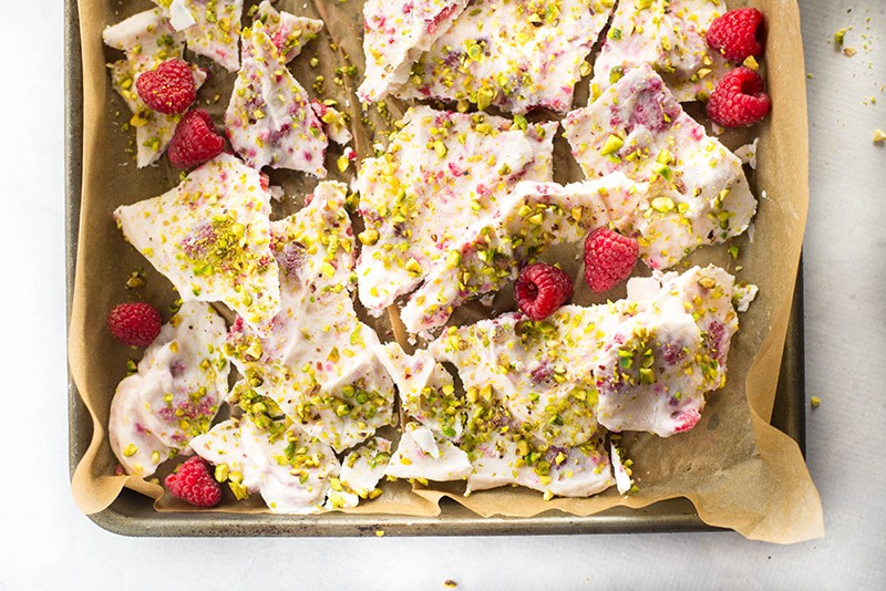 Frozen Yogurt Bark With Raspberries & Pistachios | A cool, sweet treat that makes a great healthy alternative to ice cream! | A Sweet Pea Chef 