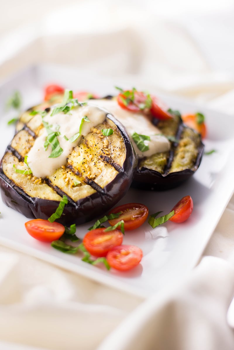 Grilled Eggplant with Tahini Yogurt Sauce | The perfect vegan appetizer for summer. | A Sweet Pea Chef