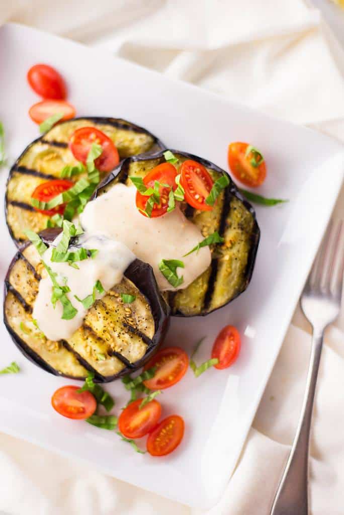 Grilled Eggplant with Tahini Yogurt Sauce | The perfect vegan appetizer for summer. | A Sweet Pea Chef