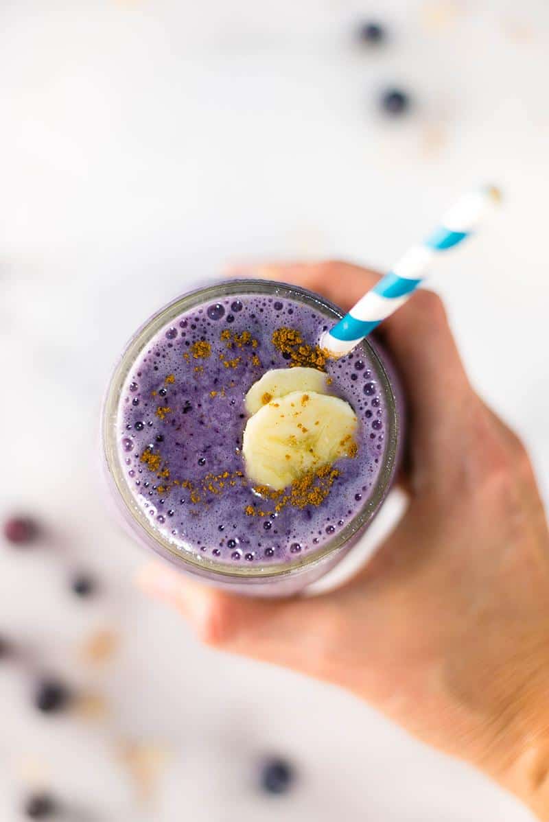 Blueberry Muffin Protein Smoothie | All the tasty flavors of a blueberry muffin wrapped up in a quick, high-protein breakfast shake. | A Sweet Pea Chef