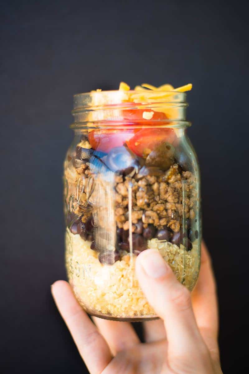 Quinoa Taco Stackers | All the goodness of tacos stacked up neatly in a grab and go mason jar. | A Sweet Pea Chef