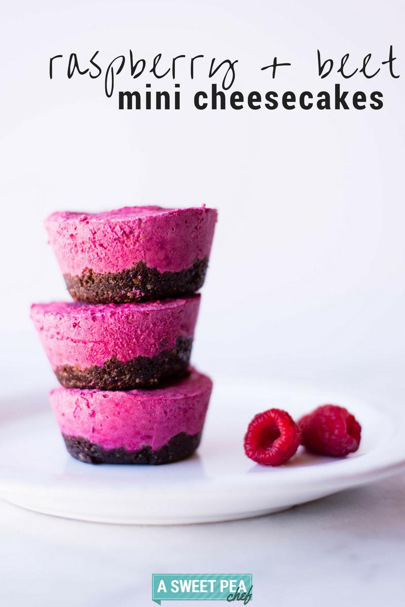 Raspberry Beet Mini Cheesecakes with Dark Chocolate Pecan Crust | Looking for a fantastic no bake cheesecake recipe?  These raspberry beet mini cheesecakes are perfect for Valentine's Day and are a healthy mini cheesecake recipe you're gonna love! | A Sweet Pea Chef