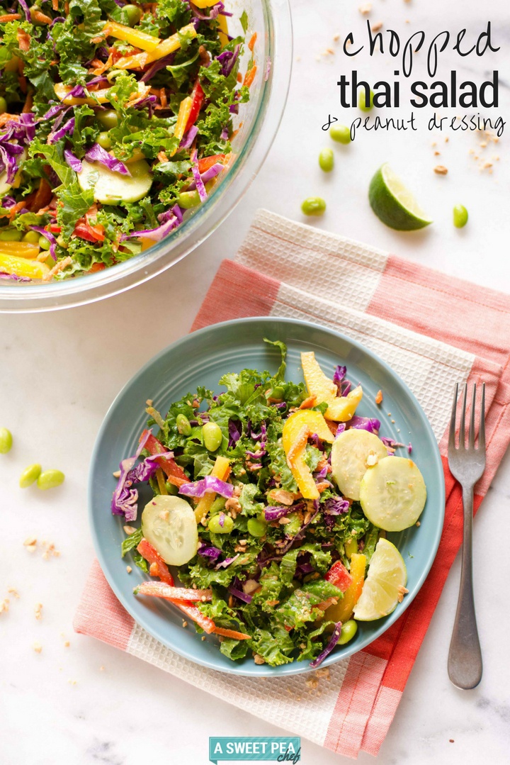 Are you looking for a salad that’s different from the norm, extra colorful, and full of fantastic flavor? Make this Chopped Thai Salad With Peanut Dressing tonight! Edamame, kale,  and bell peppers are just a few of the ingredients in this yummy salad drizzled with a delicious peanut dressing.