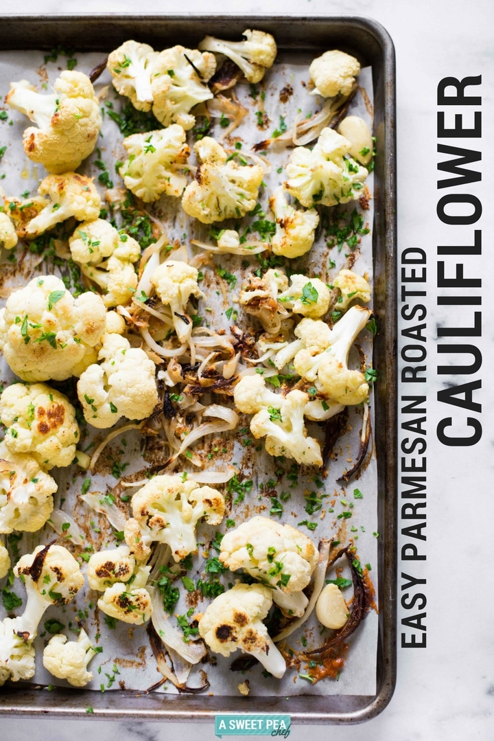 Cauliflower topped with Parmesan Cheese and Onion on a Cookie Sheet Pan Pre-Oven with Black Text Easy Parmesan Roasted Cauliflower