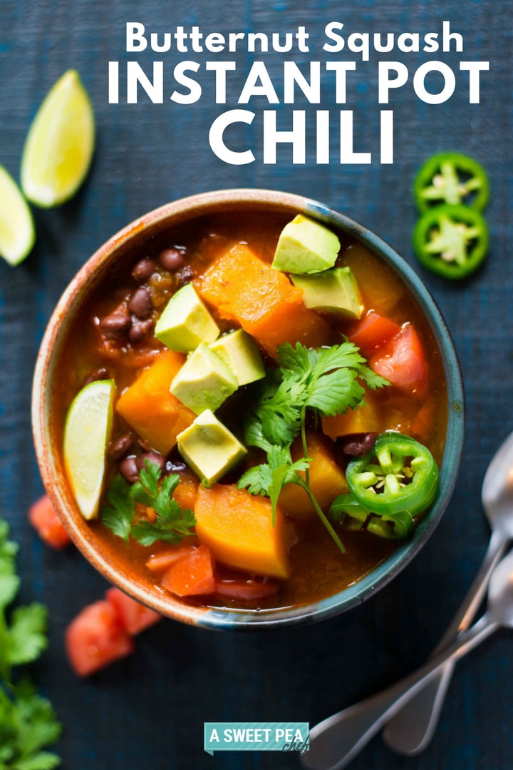 Butternut Squash Instant Pot Chili | How to cook butternut squash Instant Pot chili with canned beans and fresh butternut squash. Ready in less than 30 minutes! | A Sweet Pea Chef