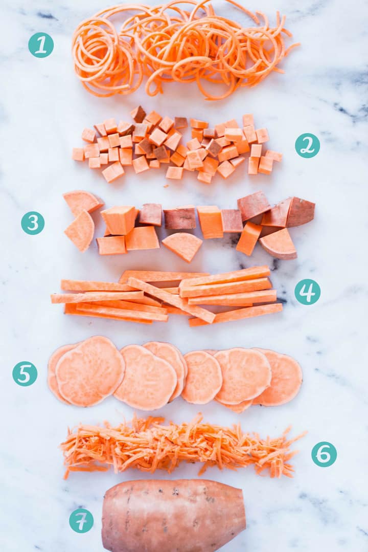 The different ways to cut a sweet potato, including spiralized sweet potatoes, small dice, large dice, fries or batons, thinly sliced, grated, and whole.