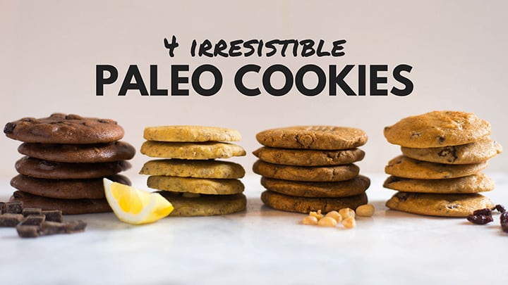 Stacks of paleo cookies in a row, which includes chocolate chunk paleo cookies, chia seed lemon paleo cookies, peanut butter paleo cookies, and no oatmeal oatmeal raisin cookies.