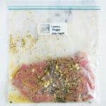 Sealable freezer bag with steak and the Lemon Pepper Marinade, marinating and ready to cook.