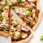 Best BBQ Chicken Pizza | Combine whole wheat pizza crust, homemade clean BBQ sauce, seasoned chicken, and fresh red onions and cilantro for the Best BBQ Chicken Pizza ever! | A Sweet Pea Chef