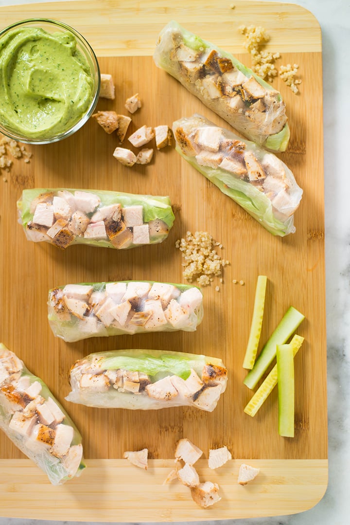 Turn your favorite chicken recipe into a delightful low calorie, high protein spring roll filling! I also love to make an Avocado Cilantro Sauce with my Garlic Chicken Spring Rolls because the creamy avocado and garlic chicken go really well together! This is a healthy spring roll recipe.