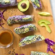 Sesame Avocado and Cabbage Spring Roll which is one of the 5 healthy spring roll recipes. If you love avocados, you’ll definitely love my Sesame Avocado and Cabbage Spring Rolls. The sesame crusted avocados taste even better when wrapped in rice paper and dipped into my Honey Miso Sauce!