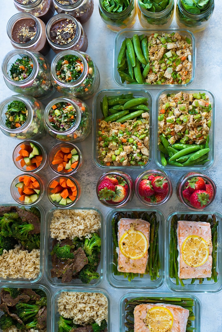 Overhead view of the prepped meals for the meal plan for weight loss, all ready to refrigerate in meal prep containers and mason jars.