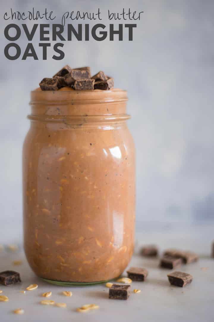 Horizontal view of a jar with Chocolate Peanut Butter Overnight Oats with rolled oats, banana, dark cocoa powder, natural peanut butter, maple syrup, vanilla, plain greek yogurt and almond milk, topped with chocolate pieces