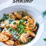 Creamy Garlic Tuscan Shrimp | Make a healthier version of this luscious comfort food for dinner tonight! Swap cream for almond milk and regular pasta for sweet potato noodles to make Creamy Garlic Tuscan Shrimp dairy free and low carb. So yummy!│A Sweet Pea Chef