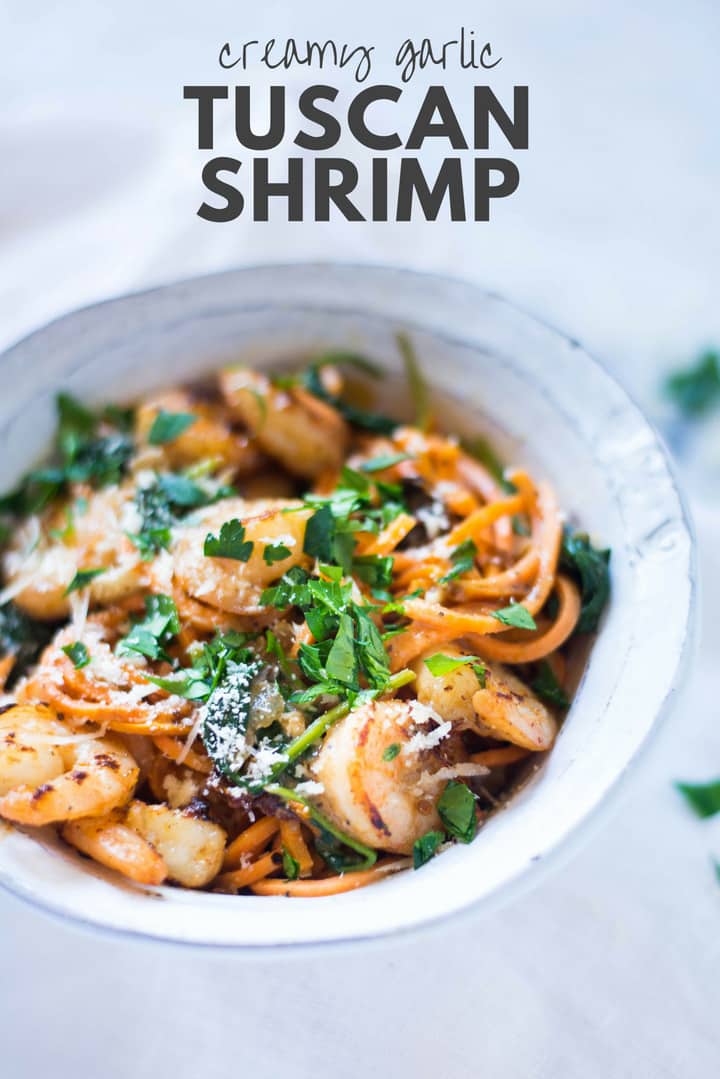 Sun-dried tomatoes, nutrient-rich spinach, and fiber-filled sweet potato noodles make up this Creamy Tuscan Shrimp With Sweet Potato Noodles recipe. This dish is creamy, yet light. It’s satisfying and good for you. It’s a perfect weeknight meal!