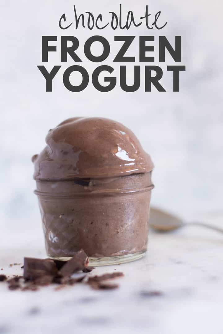 A side image of a serving of Chocolate Frozen Yogurt in a glass dessert bowl, made with ripe bananas, dark cocoa powder, plain greek yogurt and syrup.