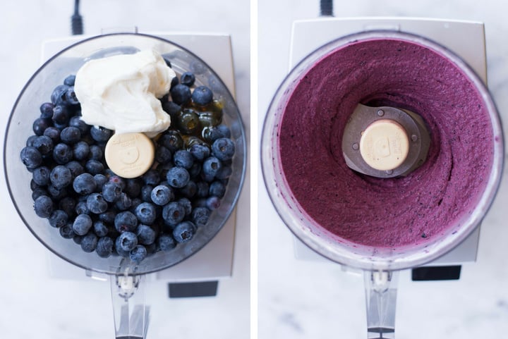 A side by side image or making Blueberry Frozen Yogurt in a food processor by combining fresh blueberries, full fat greek yogurt raw honey and freshly squeezed lemon juice and pulsing until smooth.